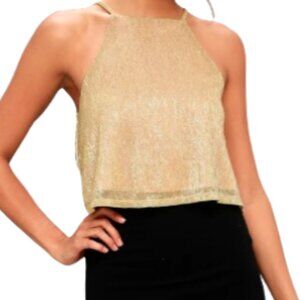 Lulus, Gold Halter Crop Top Dancing Days Size Medium NWOT